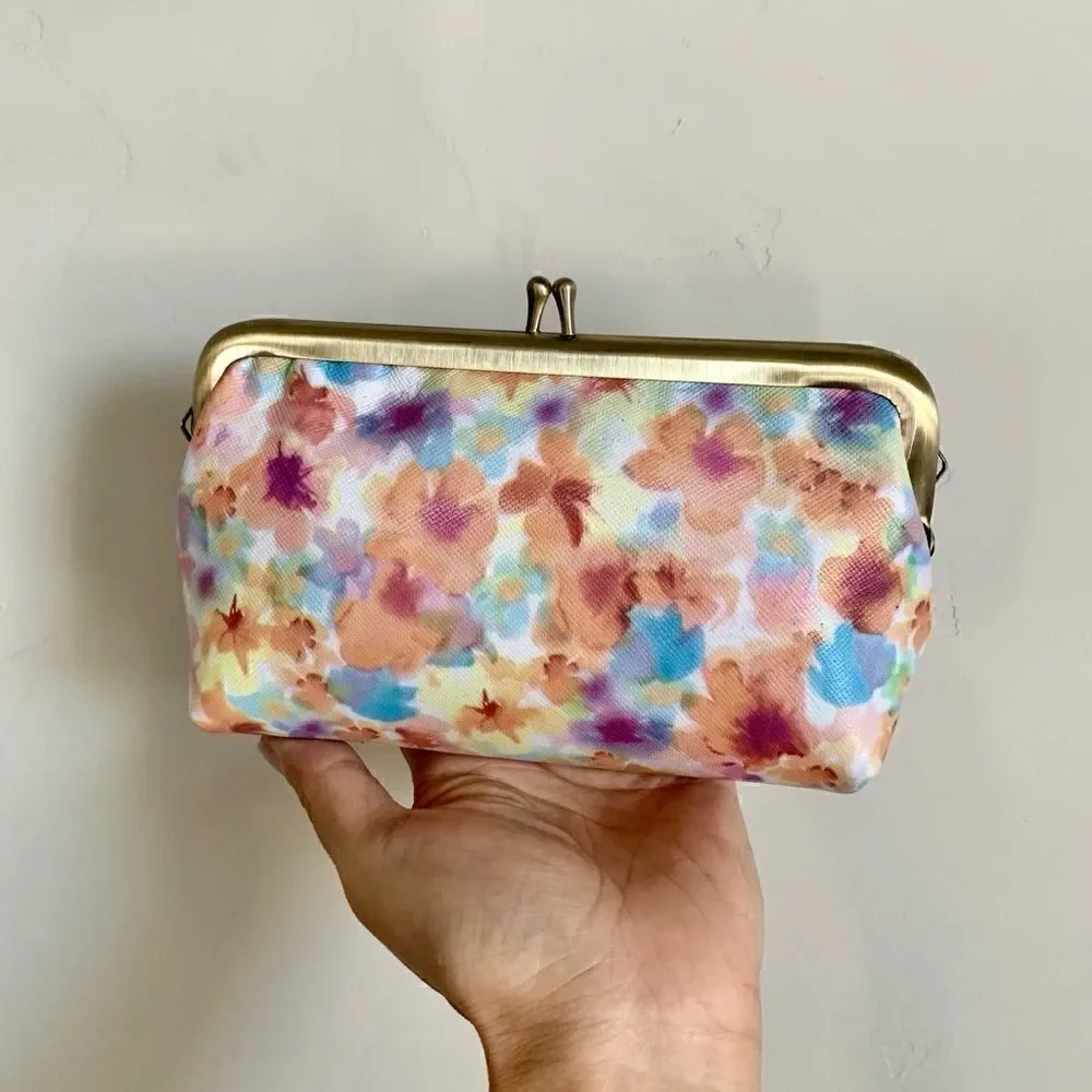Handmade Genuine Leather Floral Print, Metal Frame Small Clutch/Cosmetic Case